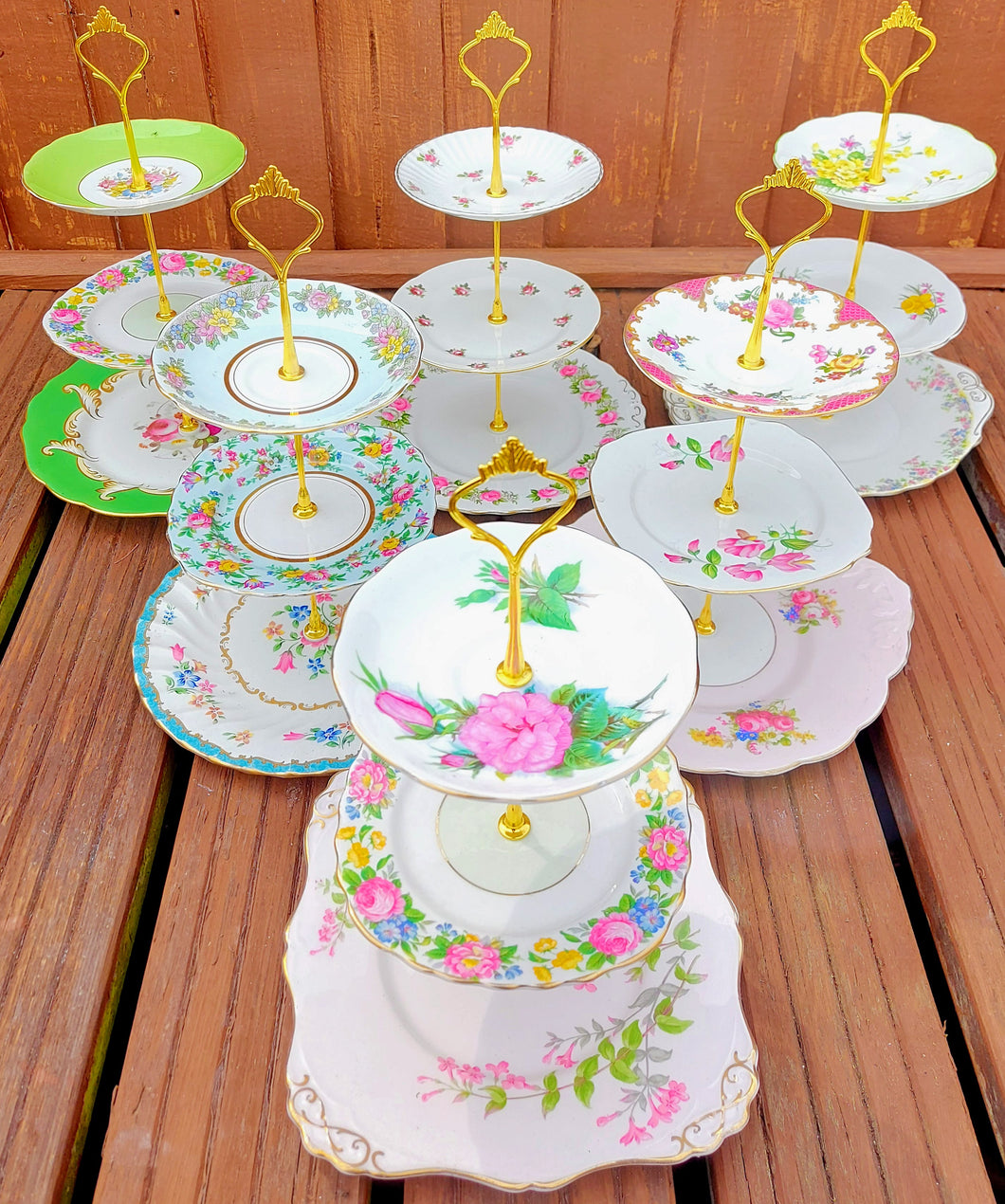 12 (36pcs) x Vintage 3 Tier Mismatched Floral Cake Stands, Afternoon Tea Party Wedding Crockery Bulk Plates Trays