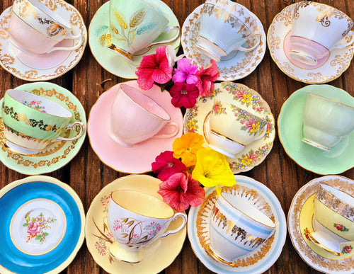 8 x Vintage Pastel Harlequin Tea Cups and Saucers - Duos