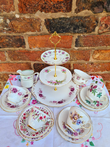 Vintage Purple Floral Bone China Afternoon Tea Party Set With Cake Stand