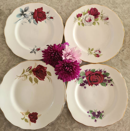 4 x Mismatch Floral Side Plates - Red Roses Collection
