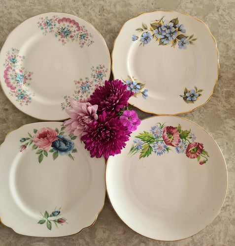 4 x Mismatch Floral Side Plates - Mixed Pink & Blue Collection