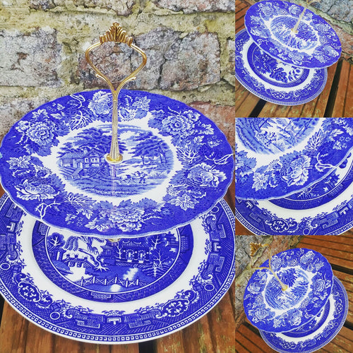 2 x Large Vintage Mismatched Blue & White Willow Pattern 2 Tier Cake Stands