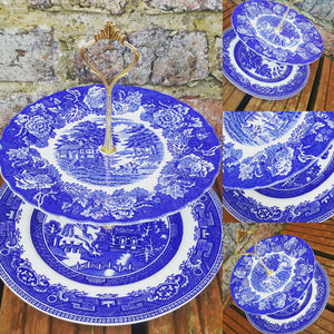 3 Large Vintage Mismatched Blue & White Willow Pattern 2 Tier Cake Stands