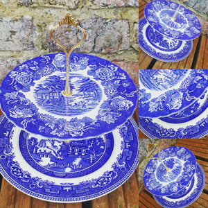 10 x Large Vintage Mismatched Blue & White Willow Pattern 2 Tier Cake Stands