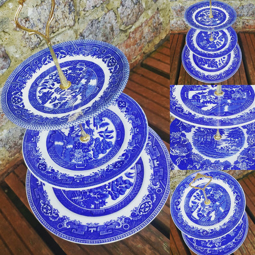 4 Vintage Mismatched Blue & White Willow Pattern 3 Tier Cake Stands