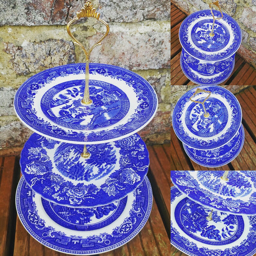 2 x Large Vintage Mismatched Blue & White Willow Pattern 3 Tier Cake Stands