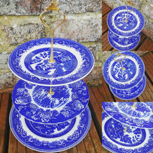 Load image into Gallery viewer, 12 x Large Vintage Mismatched Blue &amp; White Willow Pattern 3 Tier Cake Stands
