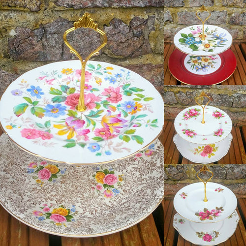 Job Lot of 15 (30pcs) Vintage Mismatched Large 2 Tier China Cake Stands Floral Chintz Tableware