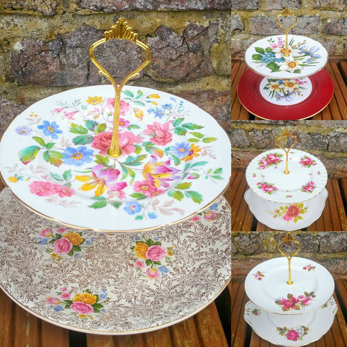 Job Lot of 25 (50pcs) Vintage Mismatched Large 2 Tier China Cake Stands Floral Chintz Tableware