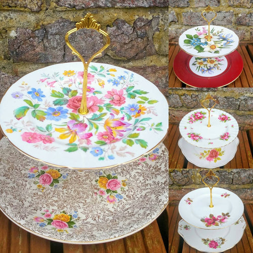 Job Lot of 20 (40pcs) Vintage Mismatched Large 2 Tier China Cake Stands Floral Chintz Tableware