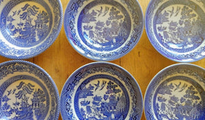 Job Lot of 6 Vintage Mismatched Blue & White Willow Pattern Breakfast Cereal Bowls