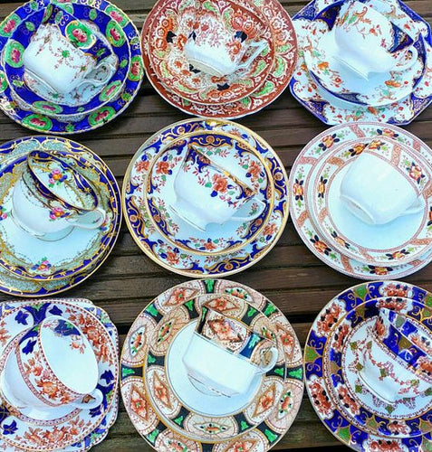 Job Lot of 5 (15 pcs) Vintage Mismatched Antique Imari Pattern Trios Tea Cup Saucers Side Plates Set