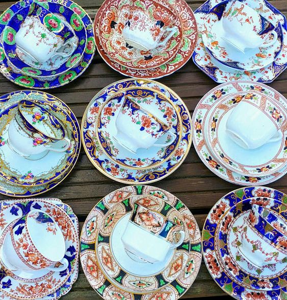 Job Lot of 4 (12pcs) Vintage Mismatched Antique Imari Pattern Trios Tea Cups Saucers Side Plates Set