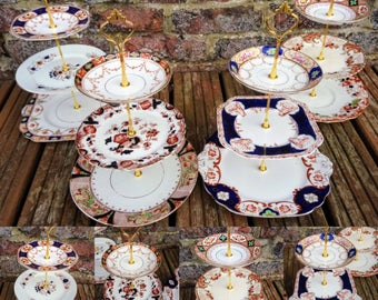 1 x Vintage 3 Tier Cake Stands Imari Antique Mismatched China Trays & Plates