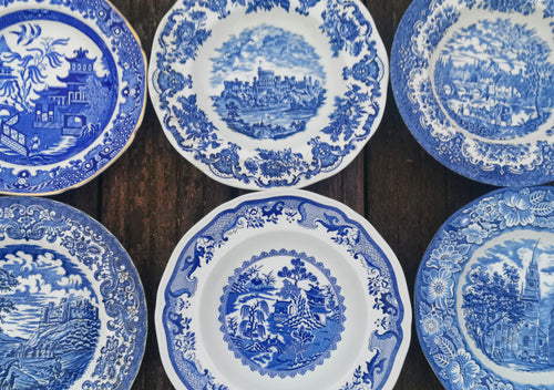 6 x Vintage Mismatched Blue and White Willow Country Pattern Soup Pasta Bowls Dishes Plates