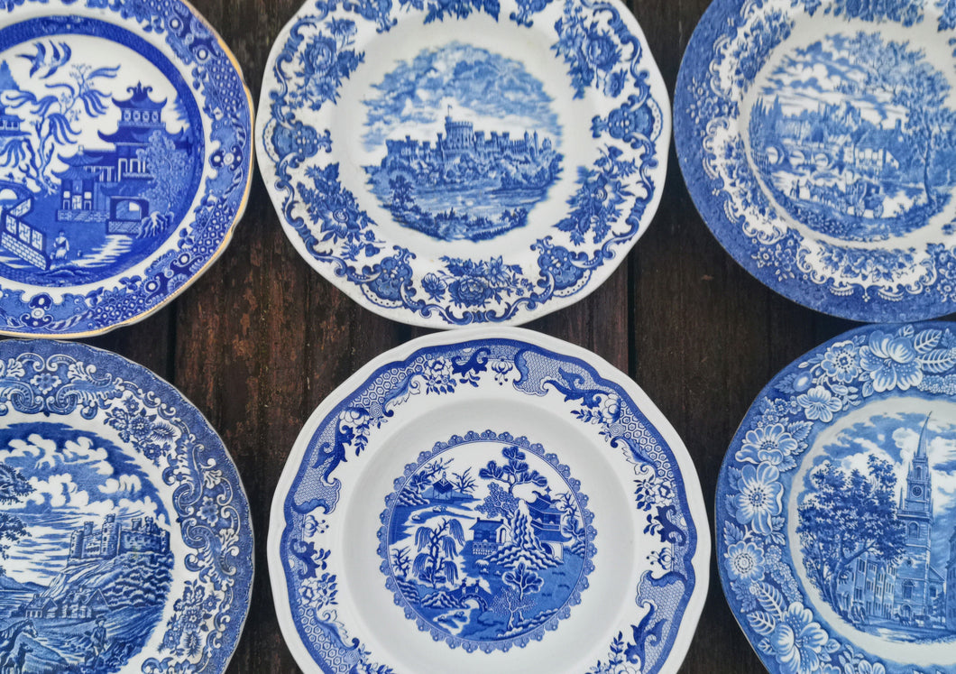 25 x Vintage Mismatched Blue and White Willow Country Pattern Soup Pasta Bowls Dishes Plates